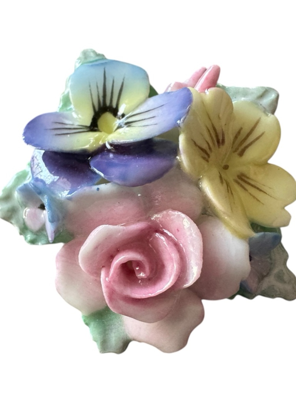 Porcelain Floral Bouquet Pin - Pink, Purple, Yellow, Vintage, Signed